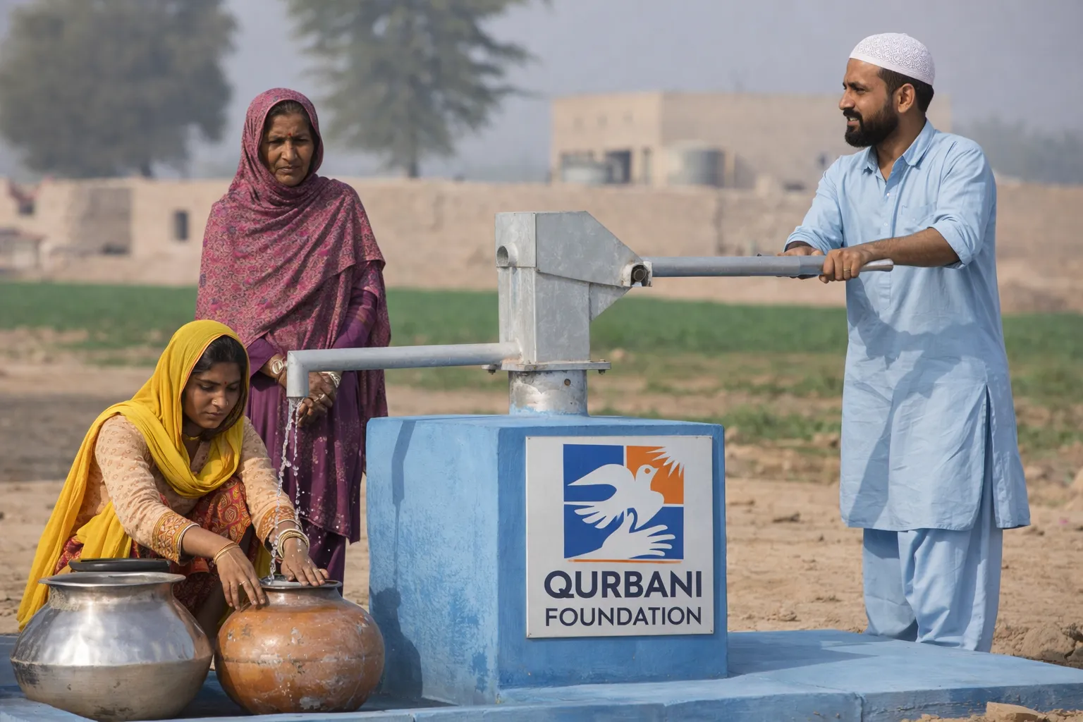 Qurbani Foundation water well project providing clean drinking water to families in rural Pakistan